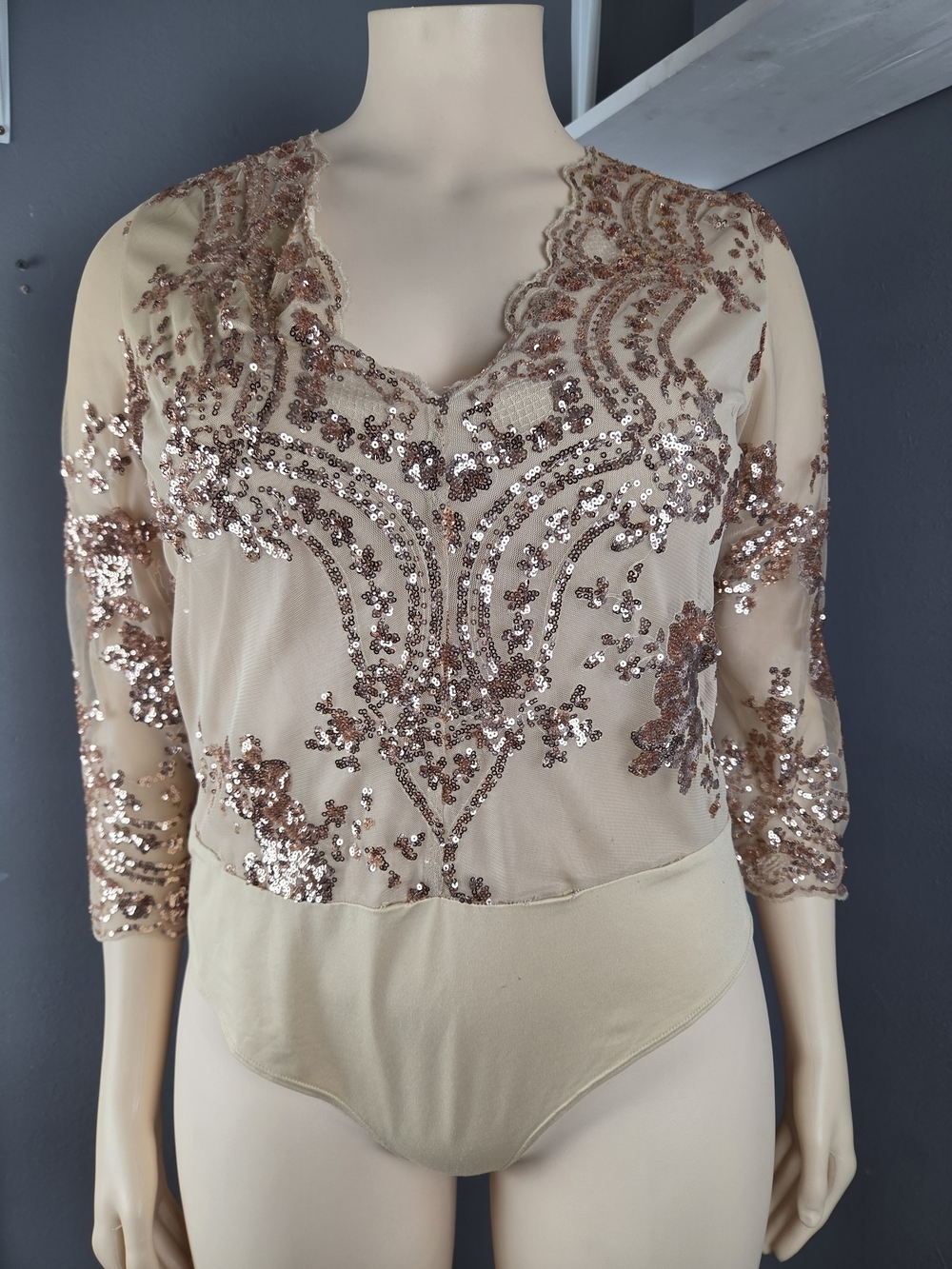 Embellished Nude Sequin Bodysuit with Rose Gold Detail